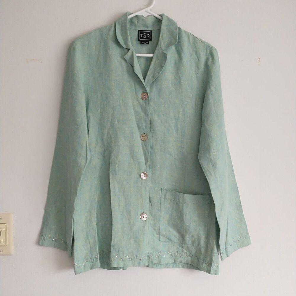 TSD Two Star Dog Shirt Chore Jacket Blazer Green Linen Pocket Oversized